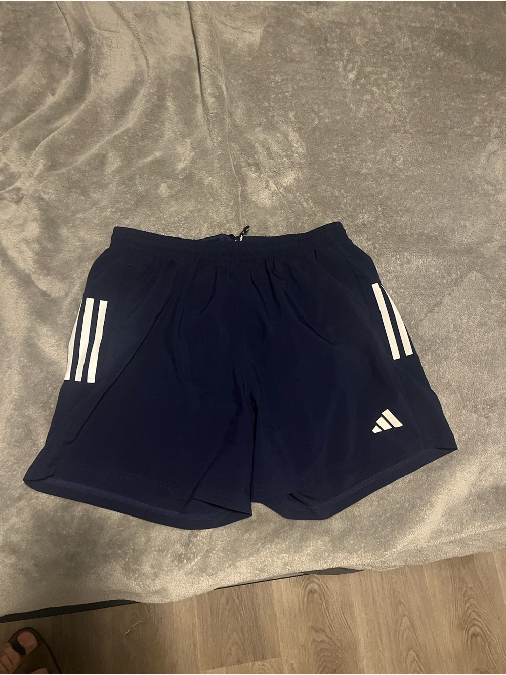 Blue adidas Navy Athletic Shorts with White Three-Stripe Accents